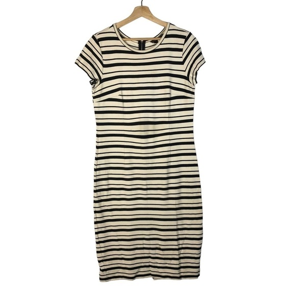 Ann Taylor Ivory White & Black Stripe Midi Sheath Dress M - Picture 1 of 4